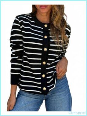 CHICME Women's Striped Knit Cardigan Crewneck Button Down Sweater